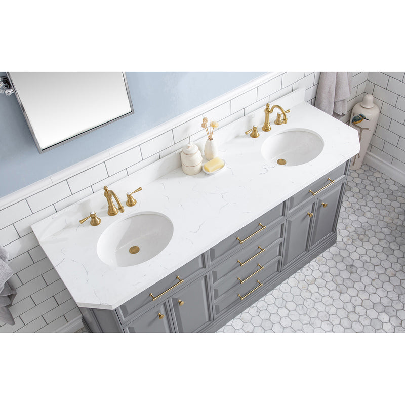 Water Creation 72" Palace Collection Quartz Carrara Cashmere Gray Bathroom Vanity Set with Hardware and F2-0012 Faucets in Satin Gold Finish and Only Mirrors in Chrome Finish PA72QZ06CG-000TL1206