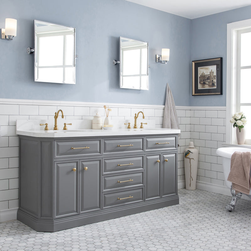 Water Creation 72" Palace Collection Quartz Carrara Cashmere Gray Bathroom Vanity Set with Hardware in Satin Gold Finish and Only Mirrors in Chrome Finish PA72QZ06CG-E18000000