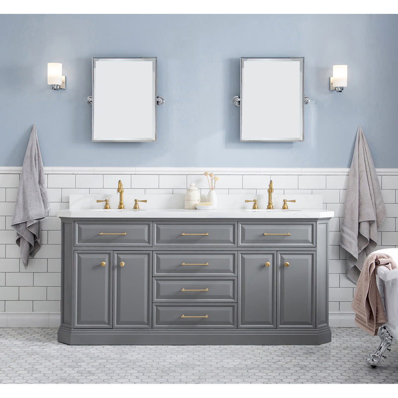 Water Creation 72" Palace Collection Quartz Carrara Cashmere Gray Bathroom Vanity Set with Hardware in Satin Gold Finish and Only Mirrors in Chrome Finish PA72QZ06CG-E18000000