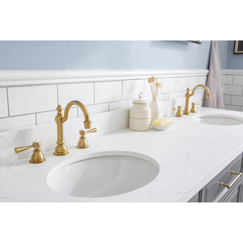 Water Creation 72" Palace Collection Quartz Carrara Cashmere Gray Bathroom Vanity Set with Hardware and F2-0012 Faucets in Satin Gold Finish and Only Mirrors in Chrome Finish PA72QZ06CG-E18TL1206