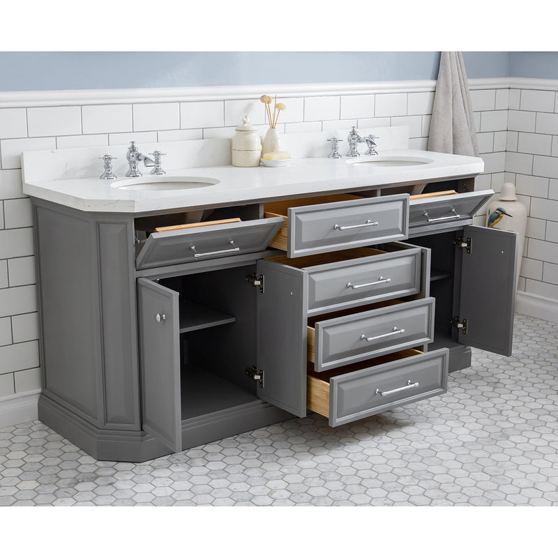 Water Creation 72" Palace Collection Quartz Carrara Cashmere Gray Bathroom Vanity Set with Hardware and F2-0013 Faucets in Chrome Finish PA72QZ01CG-000FX1301