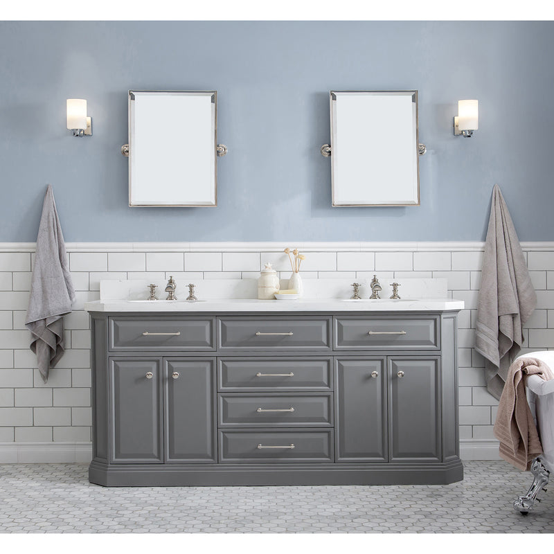 Water Creation 72" Palace Collection Quartz Carrara Cashmere Gray Bathroom Vanity Set with Hardware and F2-0013 Faucets Mirror in Polished Nickel PVD Finish PA72QZ05CG-E18FX1305