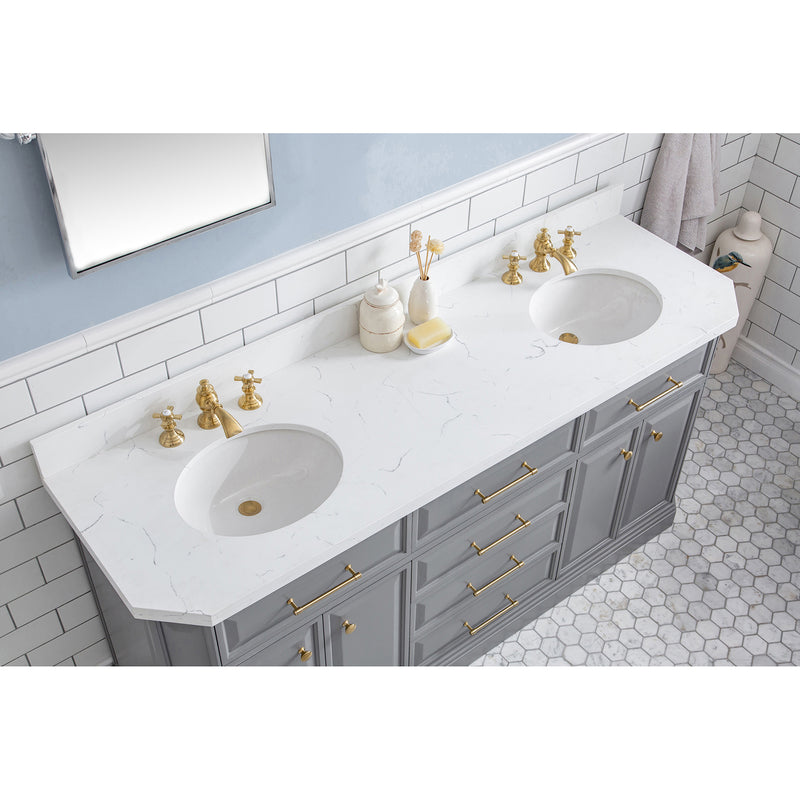 Water Creation 72" Palace Collection Quartz Carrara Cashmere Gray Bathroom Vanity Set with Hardware and F2-0013 Faucets in Satin Gold Finish and Only Mirrors in Chrome Finish PA72QZ06CG-E18FX1306