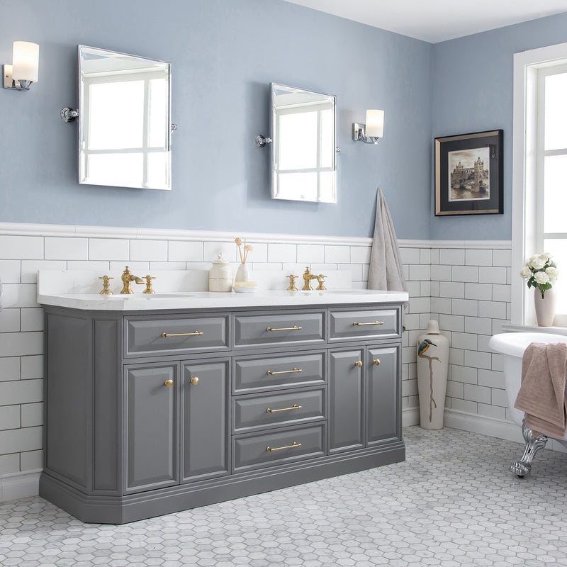 Water Creation 72" Palace Collection Quartz Carrara Cashmere Gray Bathroom Vanity Set with Hardware and F2-0013 Faucets in Satin Gold Finish and Only Mirrors in Chrome Finish PA72QZ06CG-E18FX1306