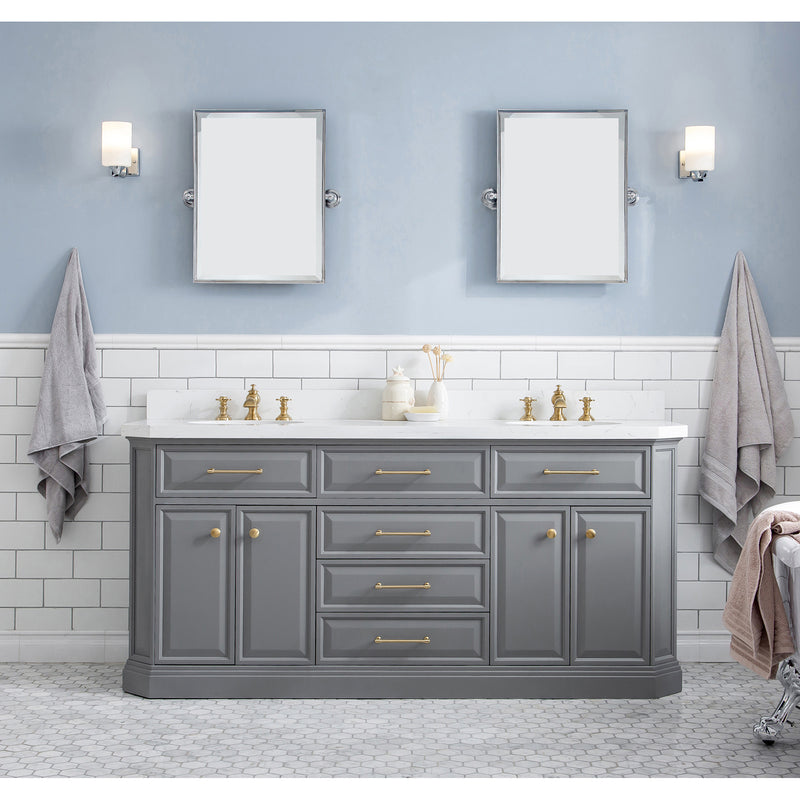 Water Creation 72" Palace Collection Quartz Carrara Cashmere Gray Bathroom Vanity Set with Hardware and F2-0013 Faucets in Satin Gold Finish and Only Mirrors in Chrome Finish PA72QZ06CG-000FX1306