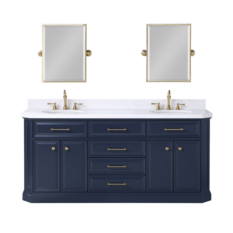 Water Creation Palace 72" Double Sink White Quartz Countertop Vanity in Monarch Blue with Hook Faucets and Mirrors PA72QZ06MB-E18TL1206