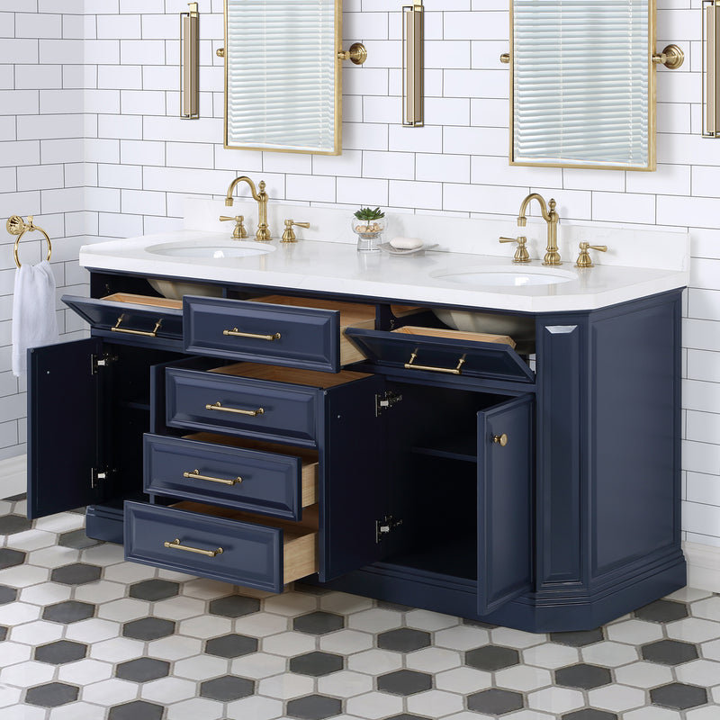 Water Creation Palace 72" Double Sink White Quartz Countertop Vanity in Monarch Blue PA72QZ06MB-000000000