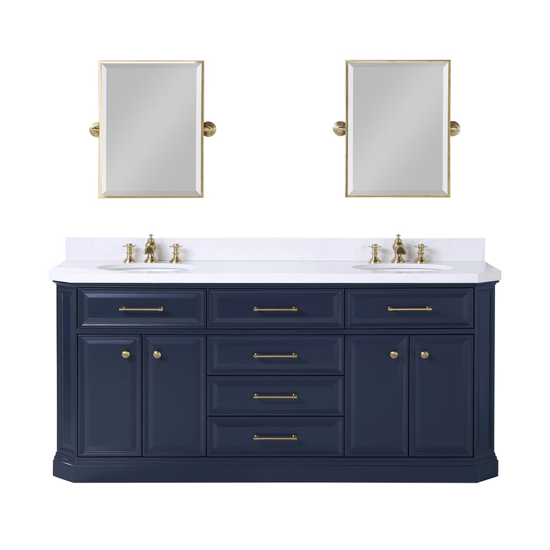 Water Creation Palace 72" Double Sink White Quartz Countertop Vanity in Monarch Blue with Waterfall Faucets and Mirrors PA72QZ06MB-E18FX1306