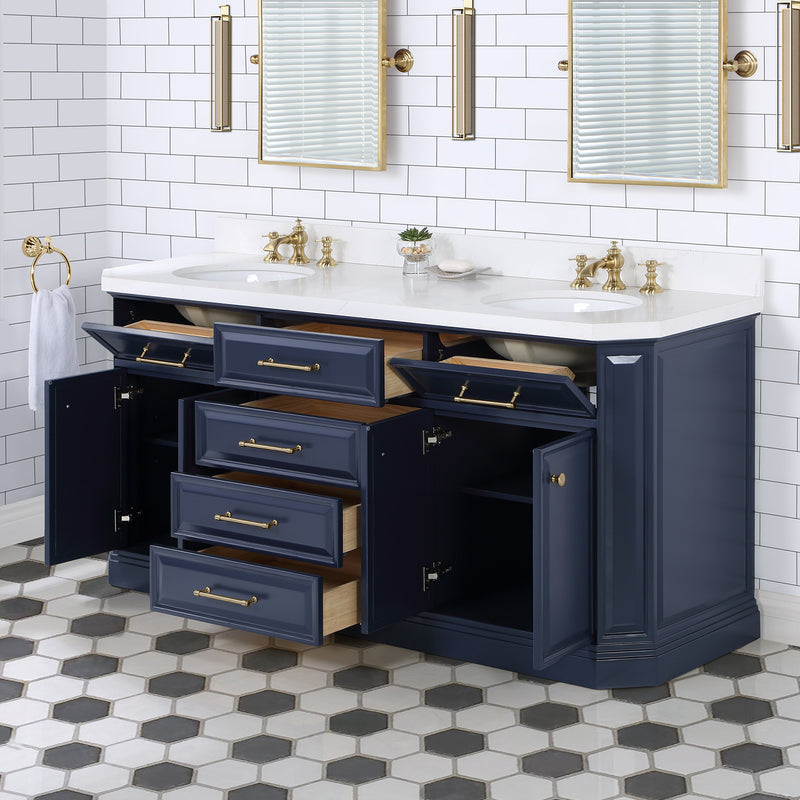 Water Creation Palace 72" Double Sink White Quartz Countertop Vanity in Monarch Blue with Waterfall Faucets and Mirrors PA72QZ06MB-E18FX1306