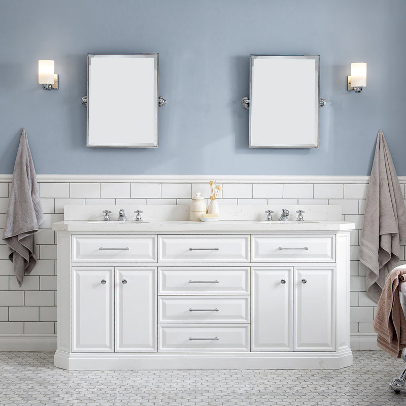 Water Creation 72" Palace Collection Quartz Carrara Pure White Bathroom Vanity Set with Hardware Mirror in Chrome Finish PA72QZ01PW-E18000000