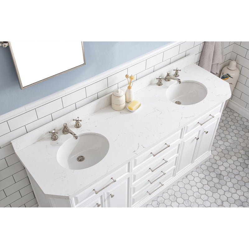 Water Creation 72" Palace Collection Quartz Carrara Pure White Bathroom Vanity Set with Hardware and F2-0009 Faucets in Polished Nickel PVD Finish PA72QZ05PW-000BX0905