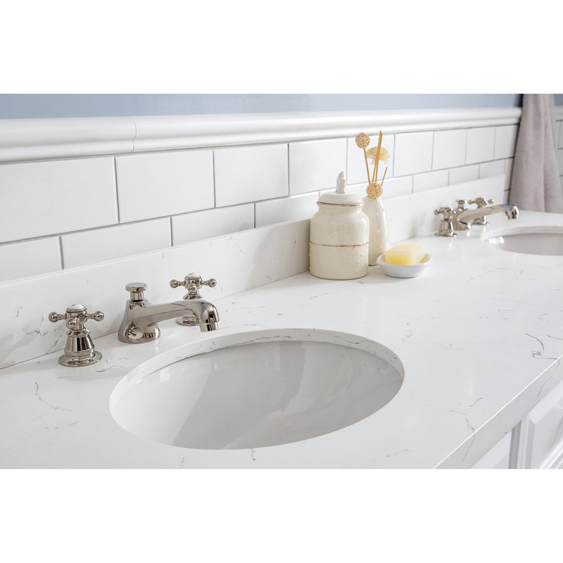 Water Creation 72" Palace Collection Quartz Carrara Pure White Bathroom Vanity Set with Hardware and F2-0009 Faucets Mirror in Polished Nickel PVD Finish PA72QZ05PW-E18BX0905