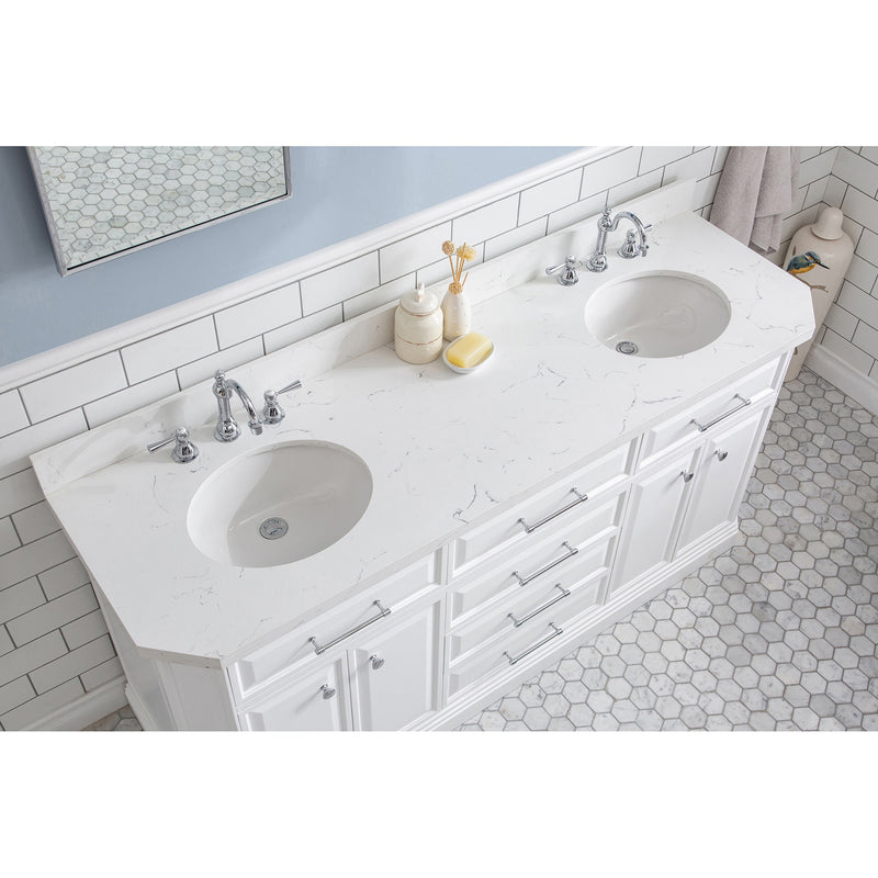 Water Creation 72" Palace Collection Quartz Carrara Pure White Bathroom Vanity Set with Hardware and F2-0012 Faucets in Chrome Finish PA72QZ01PW-000TL1201