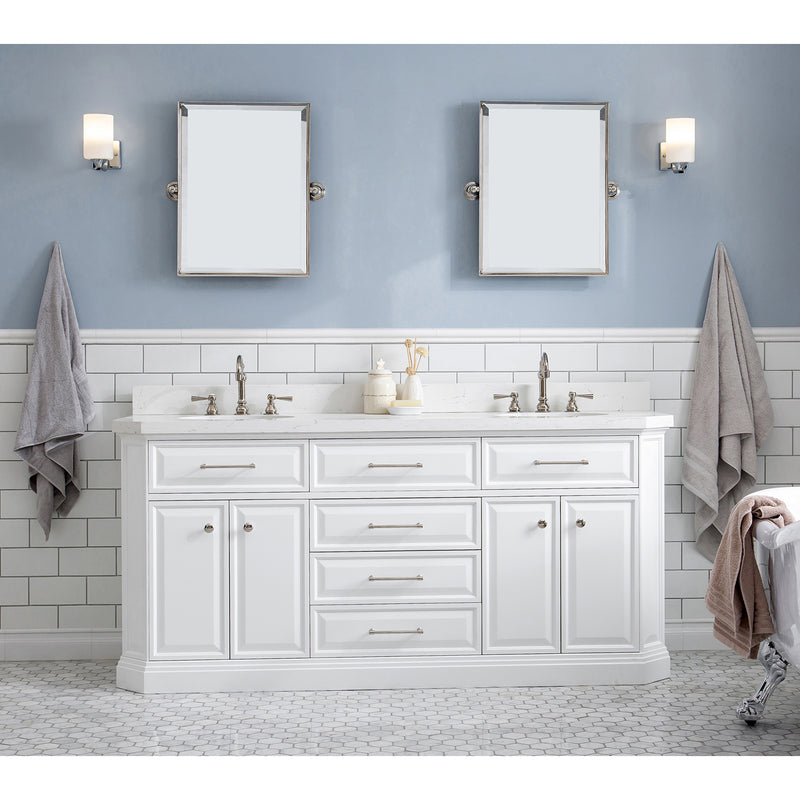 Water Creation 72" Palace Collection Quartz Carrara Pure White Bathroom Vanity Set with Hardware and F2-0012 Faucets in Polished Nickel PVD Finish PA72QZ05PW-000TL1205