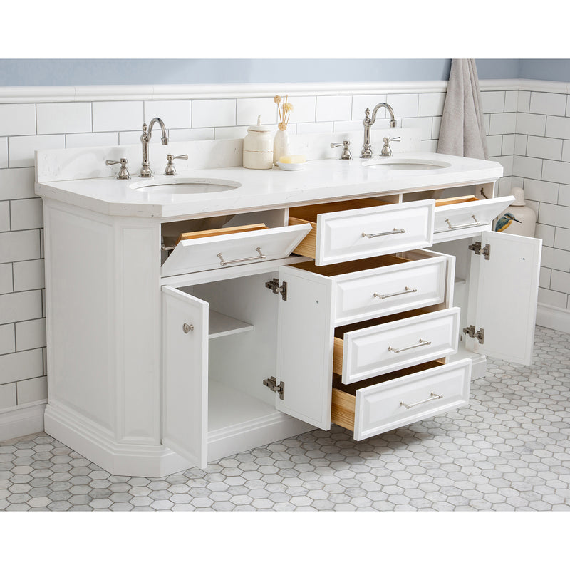 Water Creation 72" Palace Collection Quartz Carrara Pure White Bathroom Vanity Set with Hardware and F2-0012 Faucets in Polished Nickel PVD Finish PA72QZ05PW-000TL1205