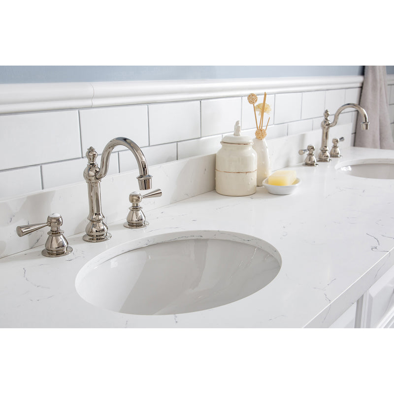 Water Creation 72" Palace Collection Quartz Carrara Pure White Bathroom Vanity Set with Hardware and F2-0012 Faucets in Polished Nickel PVD Finish PA72QZ05PW-000TL1205