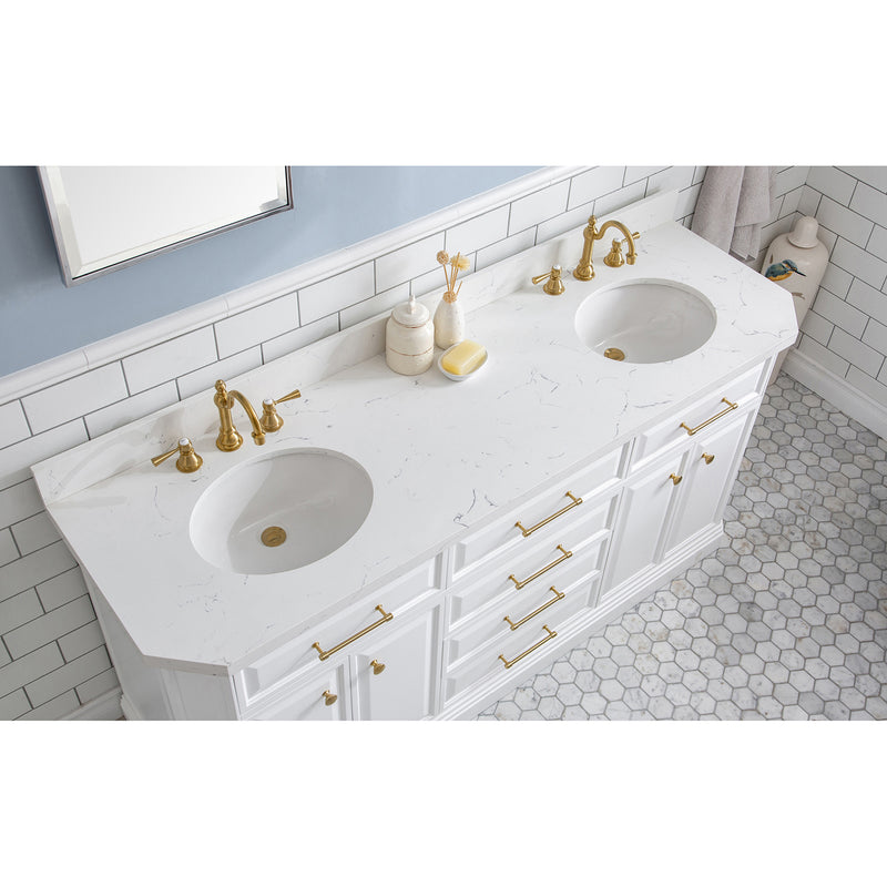 Water Creation 72" Palace Collection Quartz Carrara Pure White Bathroom Vanity Set with Hardware and F2-0012 Faucets in Satin Gold Finish and Only Mirrors in Chrome Finish PA72QZ06PW-E18TL1206