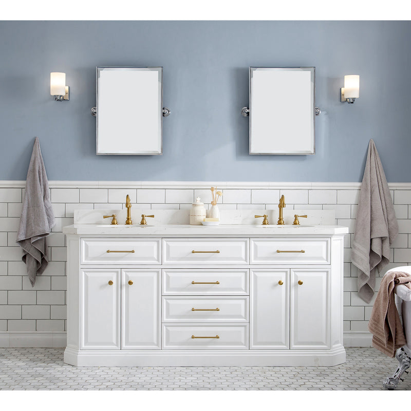 Water Creation 72" Palace Collection Quartz Carrara Pure White Bathroom Vanity Set with Hardware and F2-0012 Faucets in Satin Gold Finish and Only Mirrors in Chrome Finish PA72QZ06PW-E18TL1206