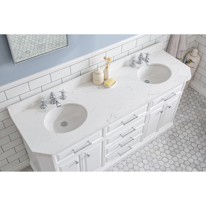 Water Creation 72" Palace Collection Quartz Carrara Pure White Bathroom Vanity Set with Hardware and F2-0013 Faucets Mirror in Chrome Finish PA72QZ01PW-E18FX1301