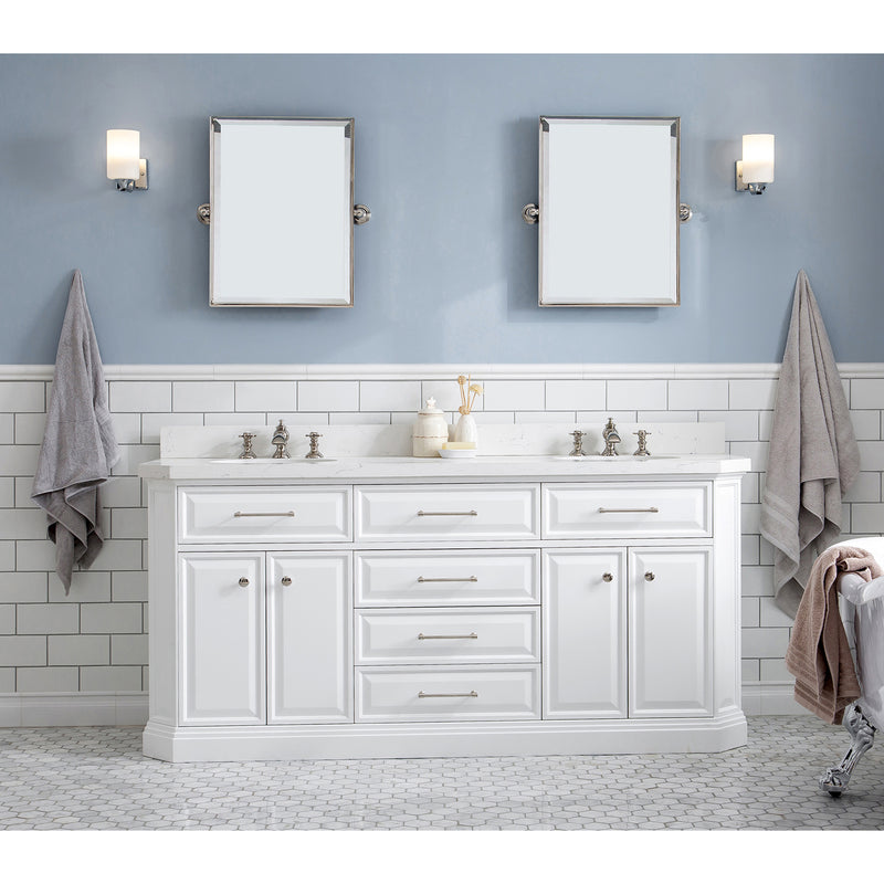 Water Creation 72" Palace Collection Quartz Carrara Pure White Bathroom Vanity Set with Hardware and F2-0013 Faucets in Polished Nickel PVD Finish PA72QZ05PW-000FX1305