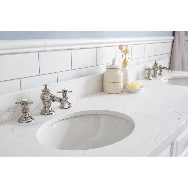 Water Creation 72" Palace Collection Quartz Carrara Pure White Bathroom Vanity Set with Hardware and F2-0013 Faucets in Polished Nickel PVD Finish PA72QZ05PW-000FX1305