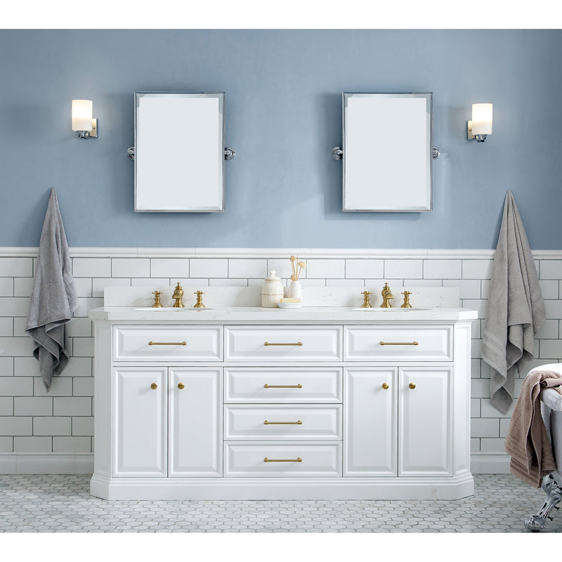 Water Creation 72" Palace Collection Quartz Carrara Pure White Bathroom Vanity Set with Hardware and F2-0013 Faucets in Satin Gold Finish and Only Mirrors in Chrome Finish PA72QZ06PW-000FX1306