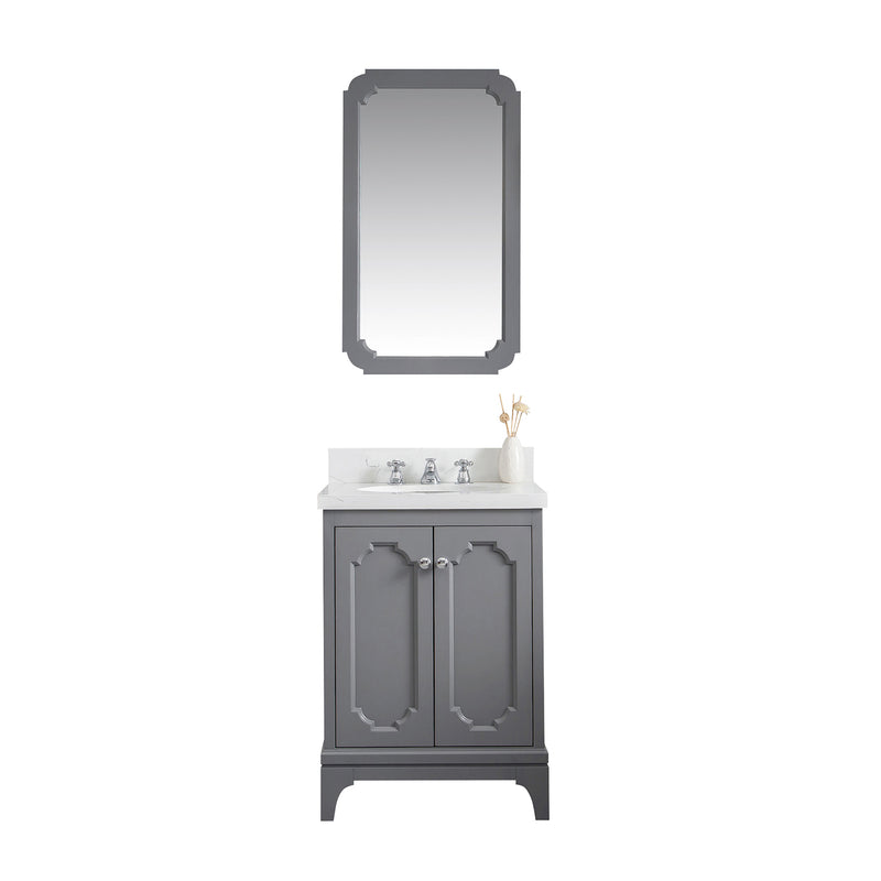 Water Creation Queen 24" Single Sink Quartz Carrara Vanity In Cashmere Gray with Matching Mirror and F2-0009-01-BX Lavatory Faucet QU24QZ01CG-Q21BX0901