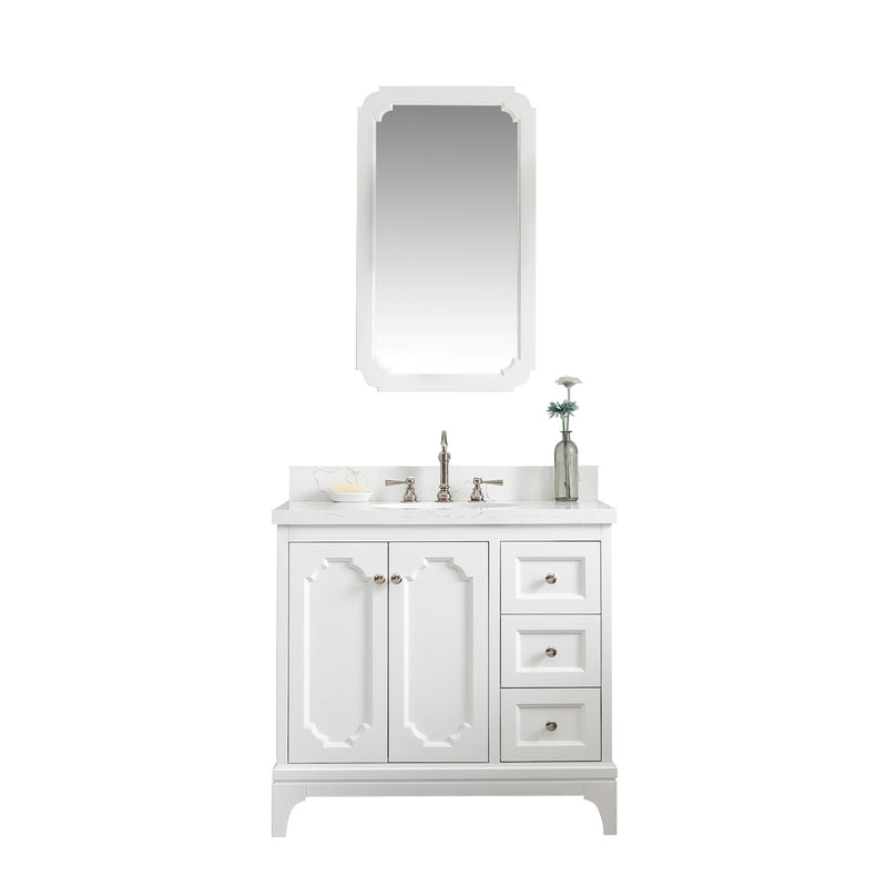 Water Creation Queen 36" Single Sink Quartz Carrara Vanity In Pure White with Matching Mirror and F2-0012-05-TL Lavatory Faucet QU36QZ05PW-Q21TL1205