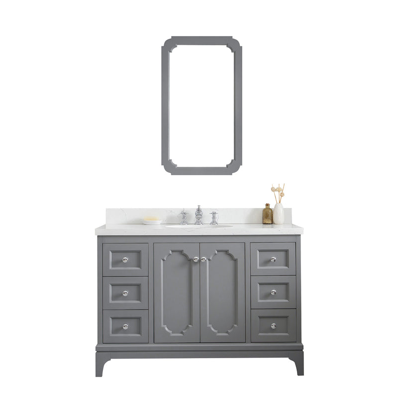 Water Creation Queen 48" Single Sink Quartz Carrara Vanity In Cashmere Gray with Matching Mirror and F2-0013-01-FX Lavatory Faucet QU48QZ01CG-Q21FX1301