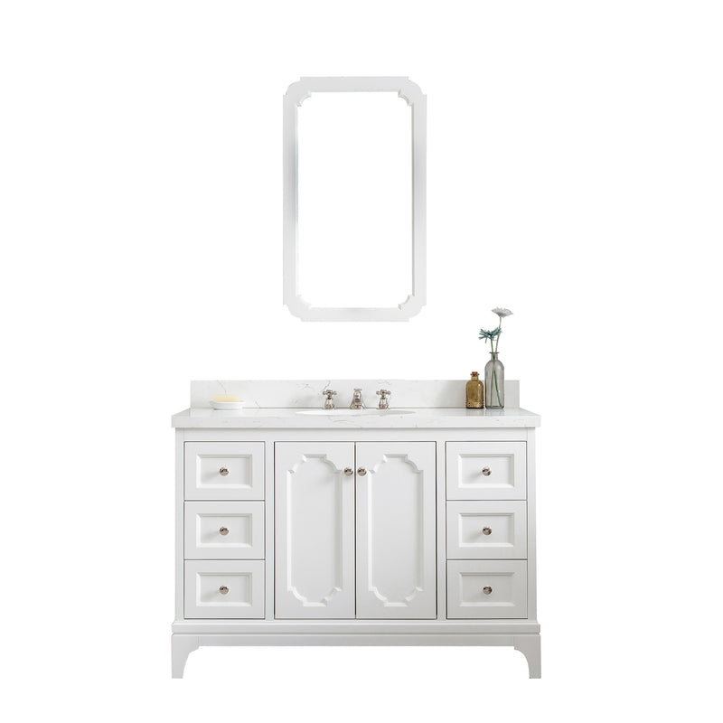 Water Creation Queen 48" Single Sink Quartz Carrara Vanity In Pure White with Matching Mirror and F2-0009-05-BX Lavatory Faucet QU48QZ05PW-Q21BX0905