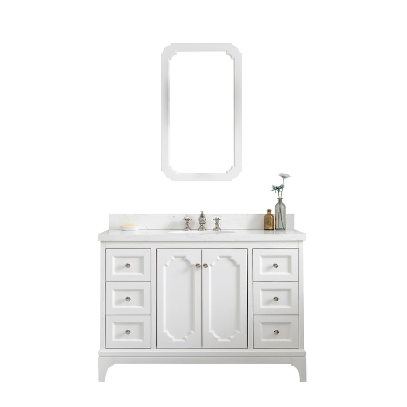 Water Creation Queen 48" Single Sink Quartz Carrara Vanity In Pure White with F2-0013-05-FX Lavatory Faucet QU48QZ05PW-000FX1305