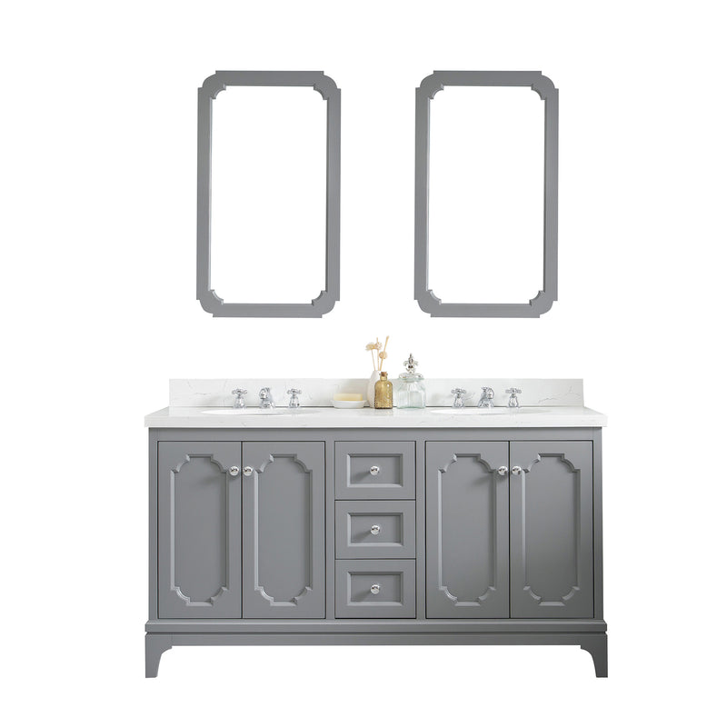 Water Creation Queen 60" Double Sink Quartz Carrara Vanity In Cashmere Gray QU60QZ01CG-000000000