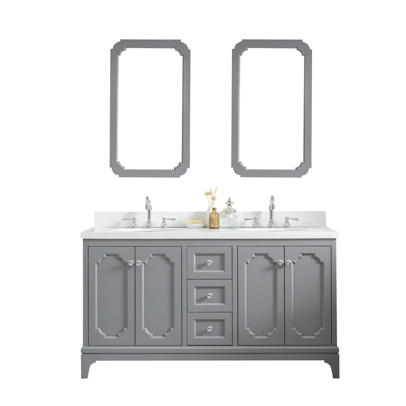 Water Creation Queen 60" Double Sink Quartz Carrara Vanity In Cashmere Gray with F2-0012-01-TL Lavatory Faucet QU60QZ01CG-000TL1201