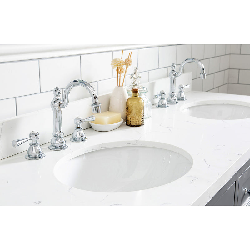 Water Creation Queen 60" Double Sink Quartz Carrara Vanity In Cashmere Gray with Matching Mirror and F2-0012-01-TL Lavatory Faucet QU60QZ01CG-Q21TL1201