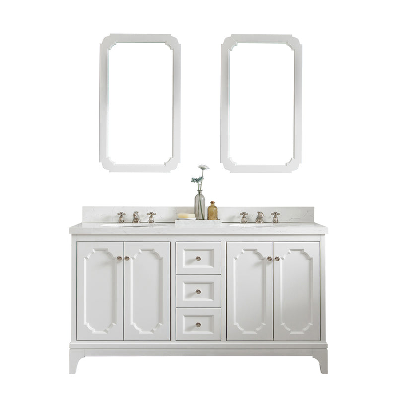 Water Creation Queen 60" Double Sink Quartz Carrara Vanity In Pure White with Matching Mirror and F2-0009-05-BX Lavatory Faucet QU60QZ05PW-Q21BX0905