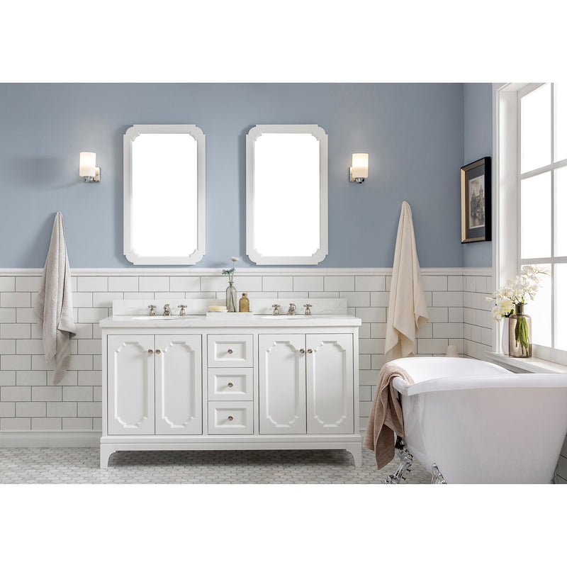 Water Creation Queen 60" Double Sink Quartz Carrara Vanity In Pure White QU60QZ05PW-000000000