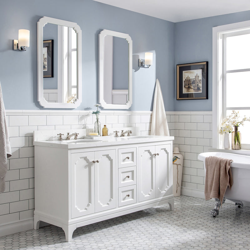 Water Creation Queen 60" Double Sink Quartz Carrara Vanity In Pure White with Matching Mirror QU60QZ05PW-Q21000000