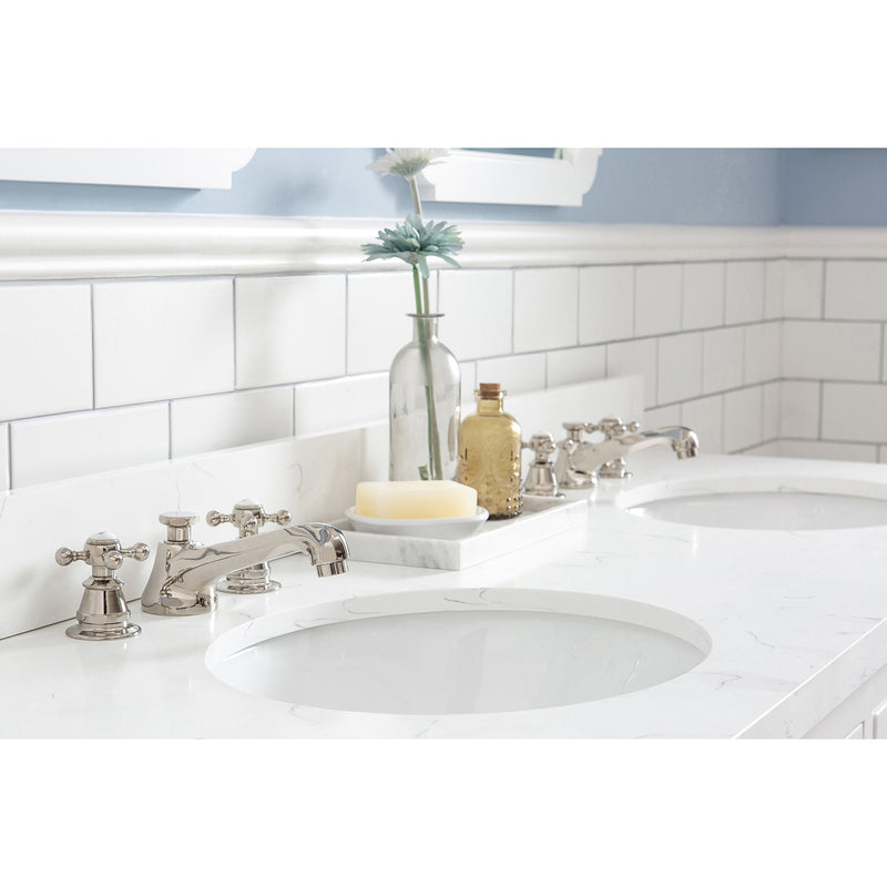 Water Creation Queen 60" Double Sink Quartz Carrara Vanity In Pure White with F2-0009-05-BX Lavatory Faucet QU60QZ05PW-000BX0905