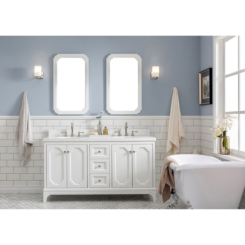 Water Creation Queen 60" Double Sink Quartz Carrara Vanity In Pure White with Matching Mirror QU60QZ05PW-Q21000000