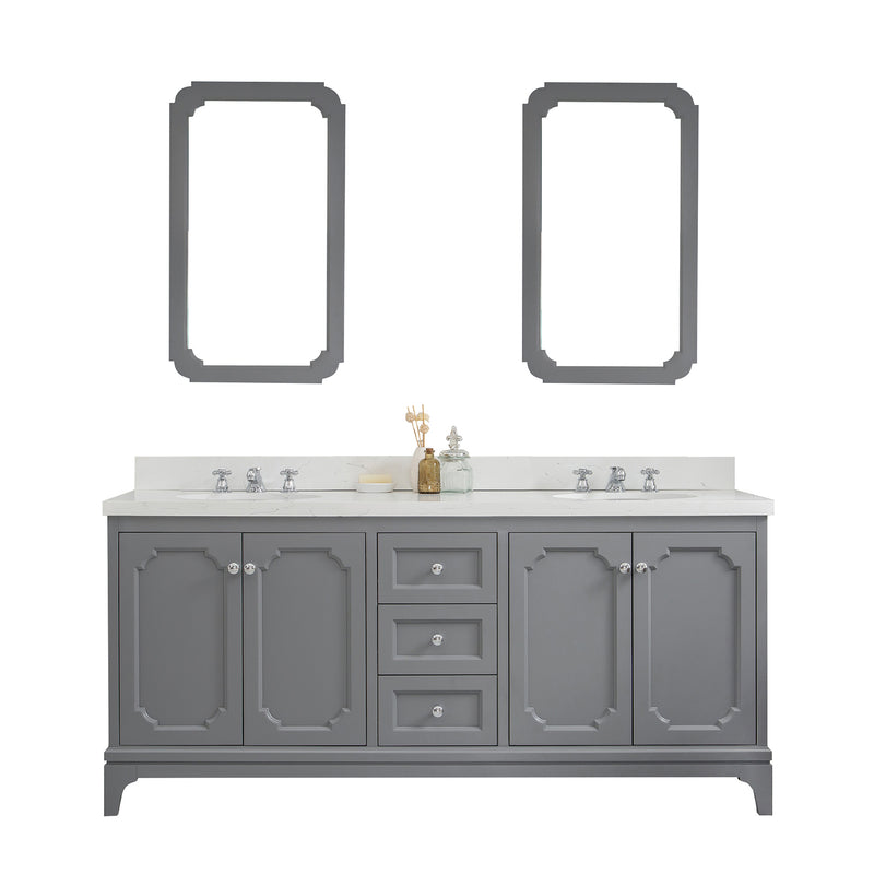 Water Creation Queen 72" Double Sink Quartz Carrara Vanity In Cashmere Gray with Matching Mirror QU72QZ01CG-Q21000000