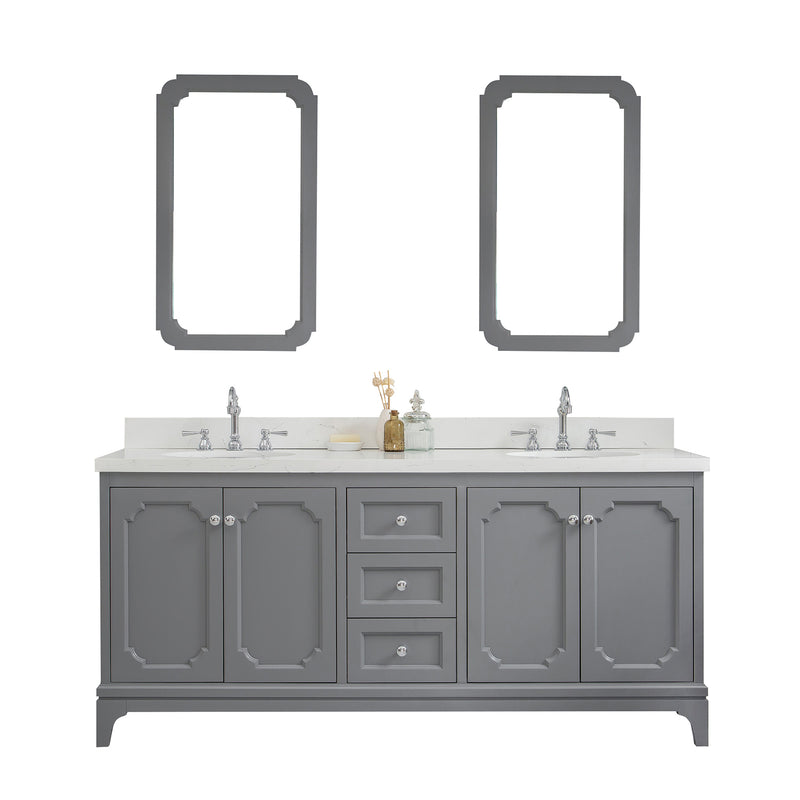 Water Creation Queen 72" Double Sink Quartz Carrara Vanity In Cashmere Gray with F2-0012-01-TL Lavatory Faucet QU72QZ01CG-000TL1201