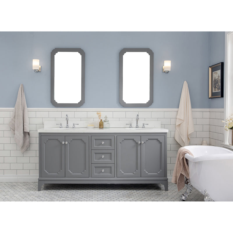 Water Creation Queen 72" Double Sink Quartz Carrara Vanity In Cashmere Gray with F2-0009-01-BX Lavatory Faucet QU72QZ01CG-000BX0901