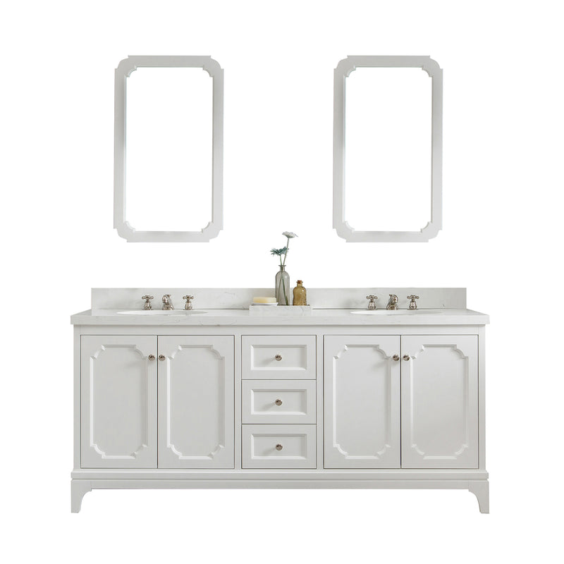 Water Creation Queen 72" Double Sink Quartz Carrara Vanity In Pure White with Matching Mirror and F2-0009-05-BX Lavatory Faucet QU72QZ05PW-Q21BX0905