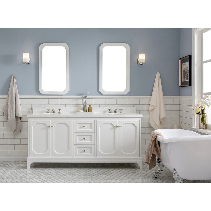 Water Creation Queen 72" Double Sink Quartz Carrara Vanity In Pure White with Matching Mirror QU72QZ05PW-Q21000000