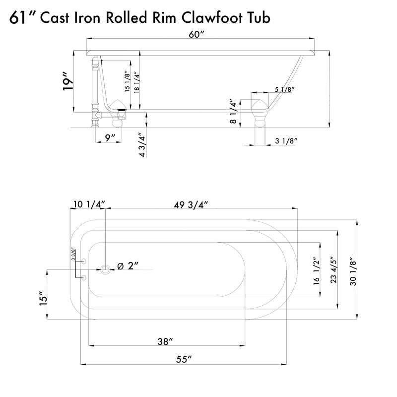 Cambridge Plumbing Cast Iron Rolled Rim Clawfoot Tub 61" x 30" Complete BN Package