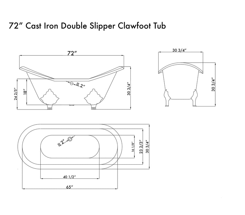 Cambridge Plumbing Cast Iron Double Ended Slipper Tub 71" x 30" No Drillings BRZ Package