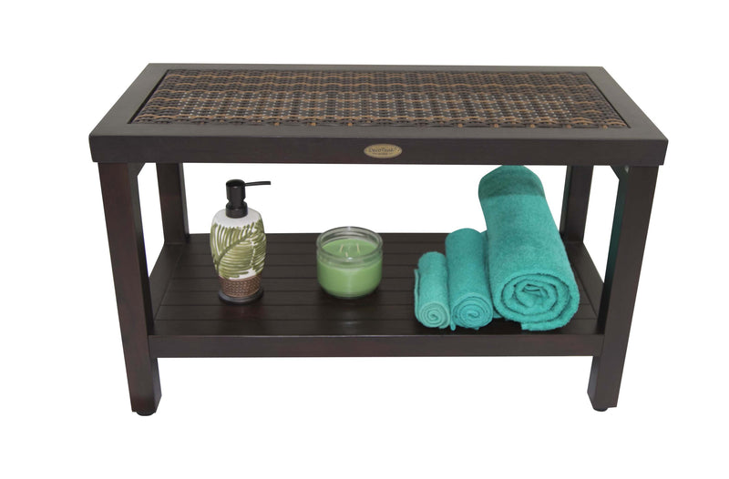 DecoTeak Eleganto 30" Teak Shower Bench with Viro Indoor or Outdoor Rattan Top and Shelf