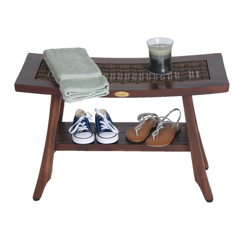 DecoTeak Satori 24" Eastern Style Teak Shower Bench with Viro Indoor or Outdoor Rattan Top and Shelf