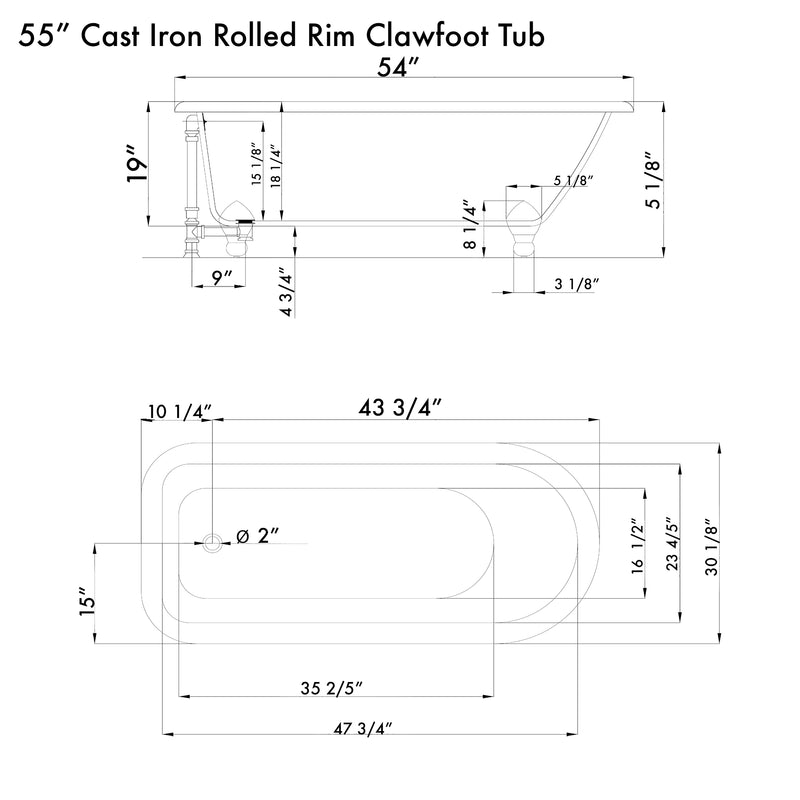 Cambridge Plumbing Cast Iron Rolled Rim Clawfoot Tub 55" x 30" Complete BN Package