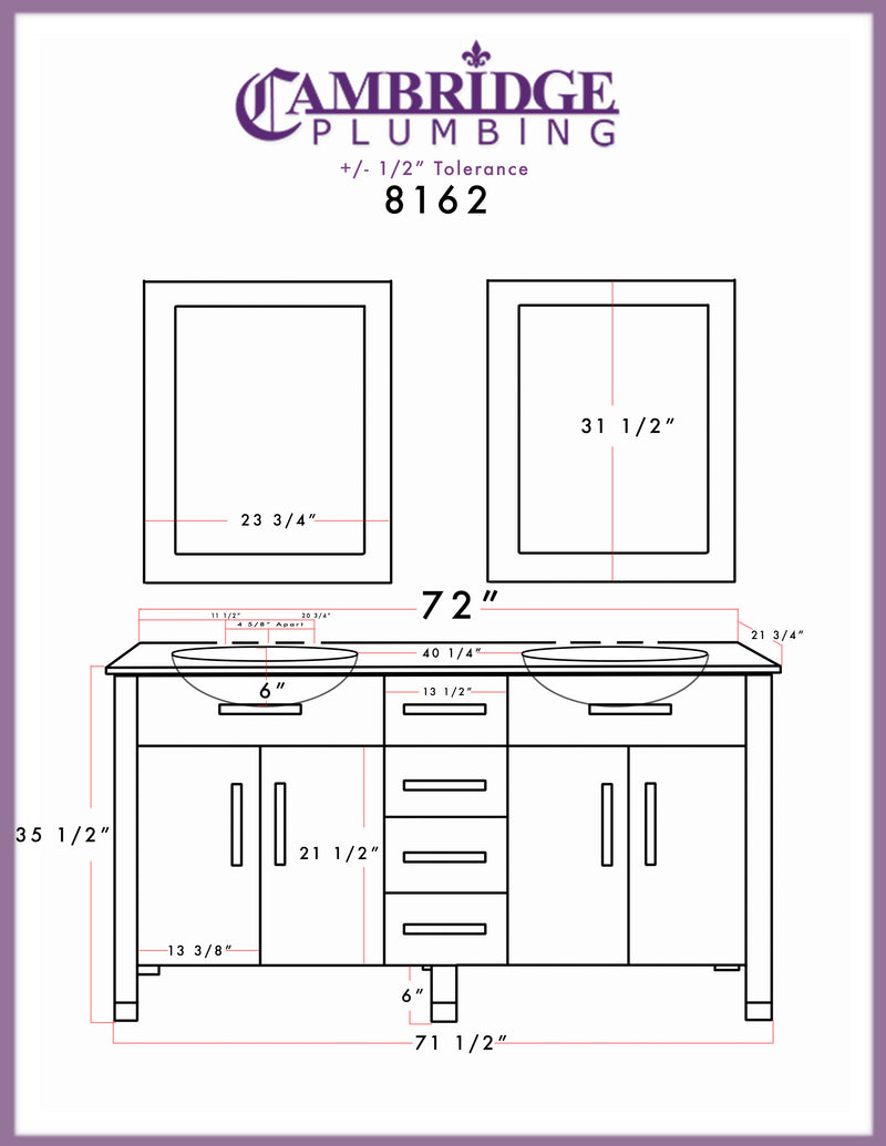 Cambridge Plumbing 72" White Solid Wood and Porcelain Double Vanity